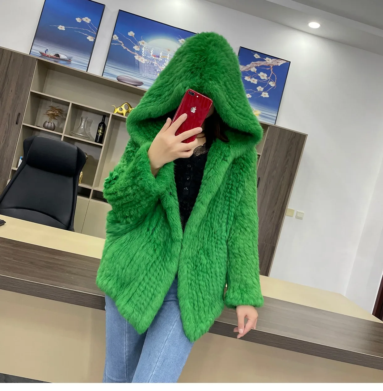 MPPM Natural Rabbit Fur Coat Women Real Rabbit Fur Hooded Coat Long Sleeve Women's Jacket Casual Loose Knitted Fur Jacket