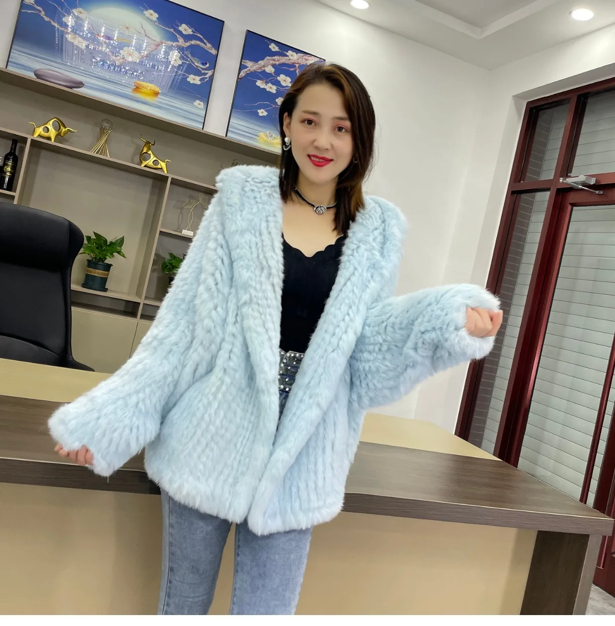 MPPM Natural Rabbit Fur Coat Women Real Rabbit Fur Hooded Coat Long Sleeve Women's Jacket Casual Loose Knitted Fur Jacket