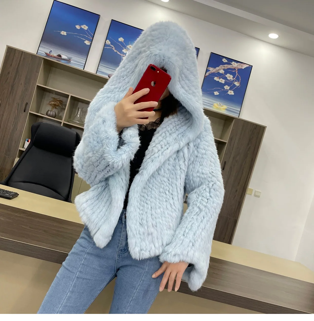 MPPM Natural Rabbit Fur Coat Women Real Rabbit Fur Hooded Coat Long Sleeve Women's Jacket Casual Loose Knitted Fur Jacket