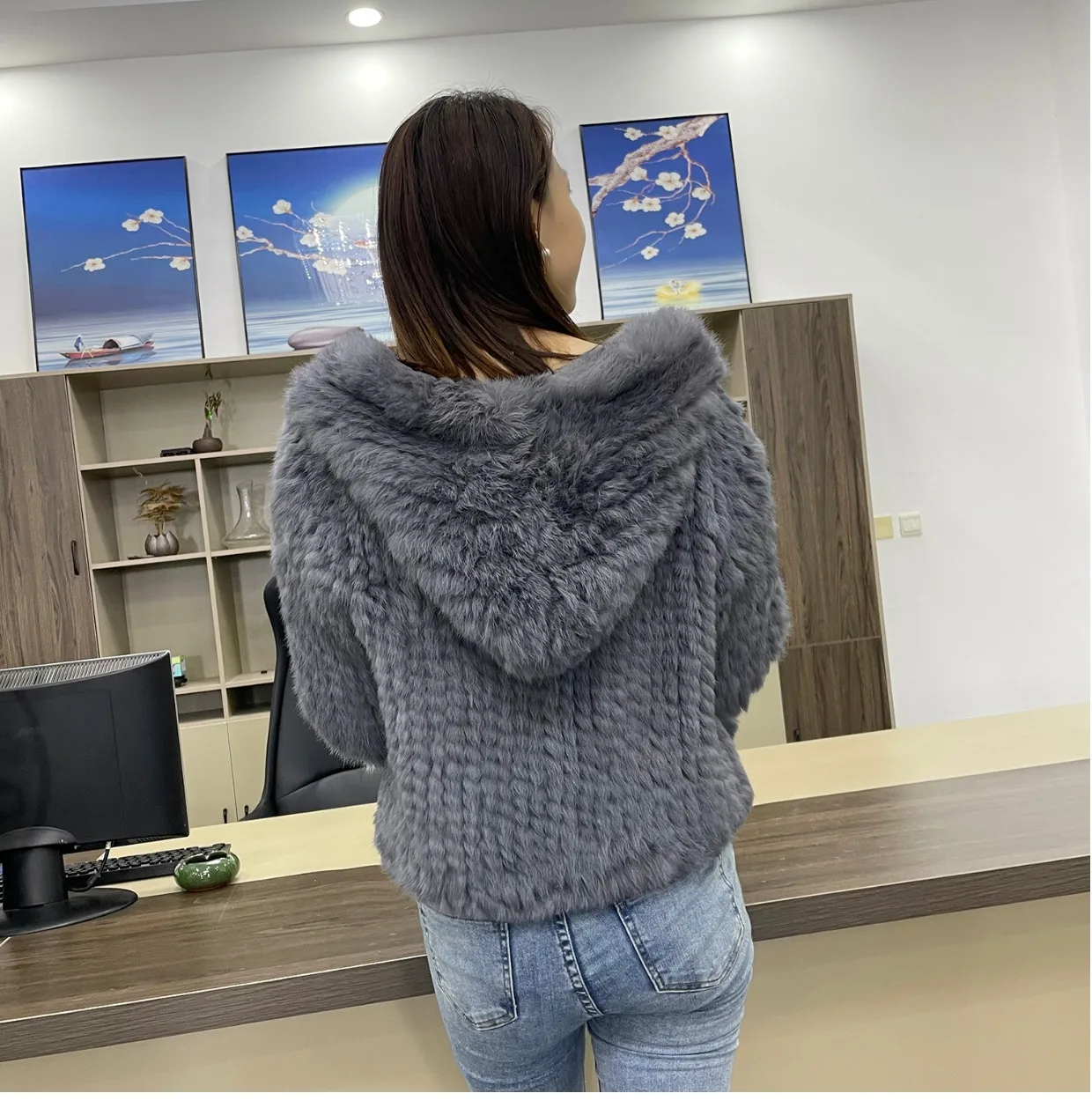 MPPM Natural Rabbit Fur Coat Women Real Rabbit Fur Hooded Coat Long Sleeve Women's Jacket Casual Loose Knitted Fur Jacket