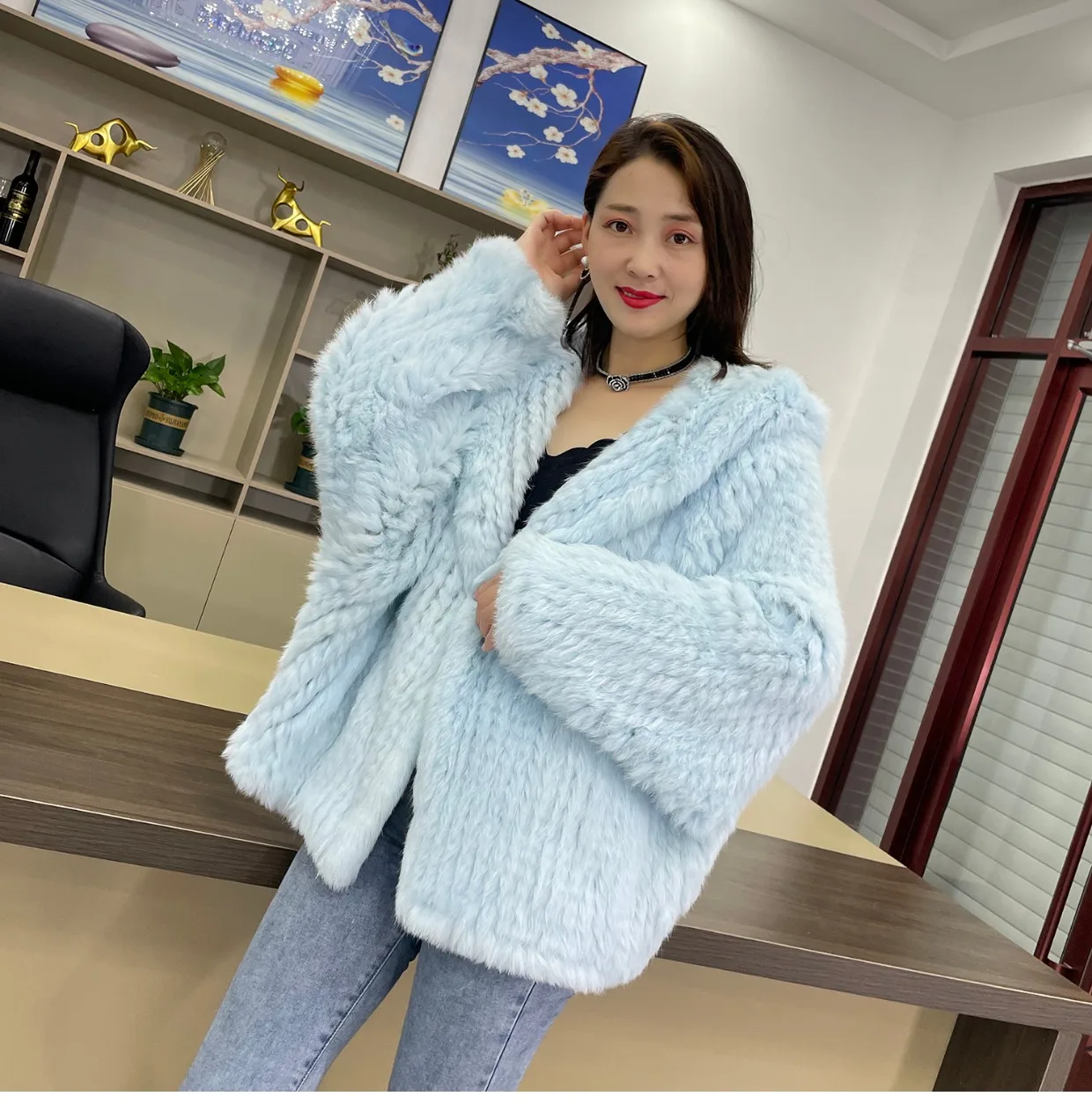 MPPM Natural Rabbit Fur Coat Women Real Rabbit Fur Hooded Coat Long Sleeve Women's Jacket Casual Loose Knitted Fur Jacket