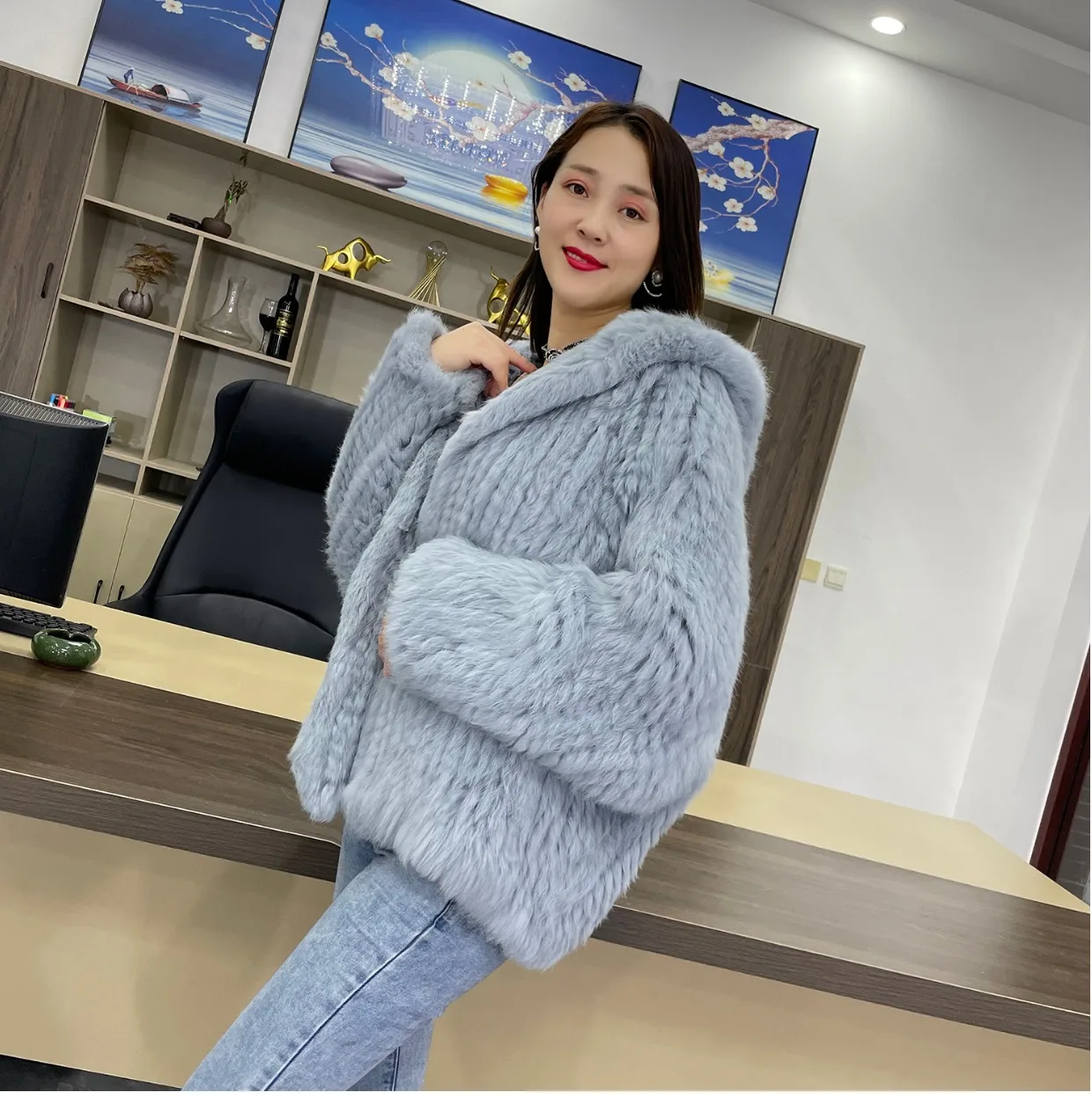 MPPM Natural Rabbit Fur Coat Women Real Rabbit Fur Hooded Coat Long Sleeve Women's Jacket Casual Loose Knitted Fur Jacket