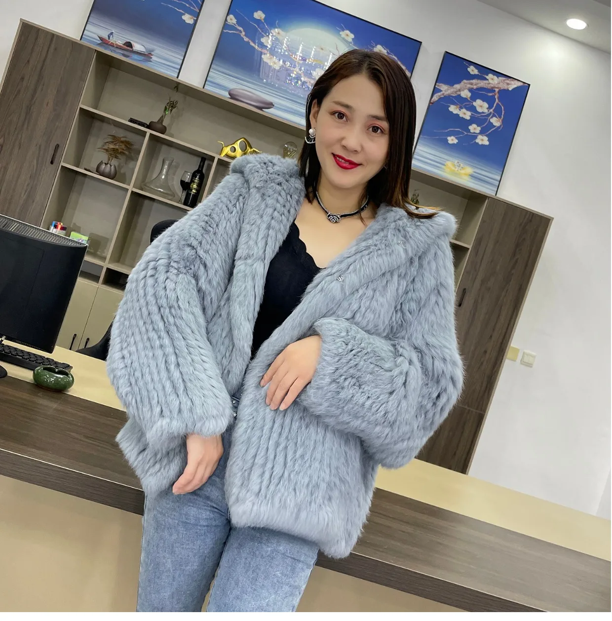 MPPM Natural Rabbit Fur Coat Women Real Rabbit Fur Hooded Coat Long Sleeve Women's Jacket Casual Loose Knitted Fur Jacket