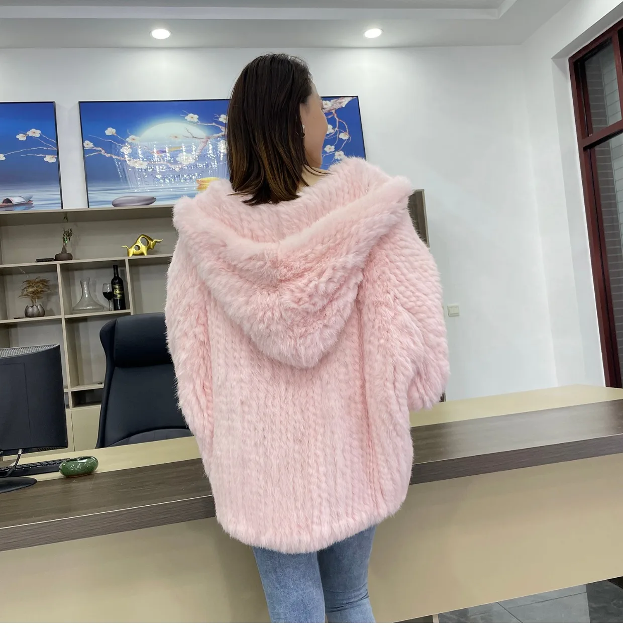 MPPM Natural Rabbit Fur Coat Women Real Rabbit Fur Hooded Coat Long Sleeve Women's Jacket Casual Loose Knitted Fur Jacket