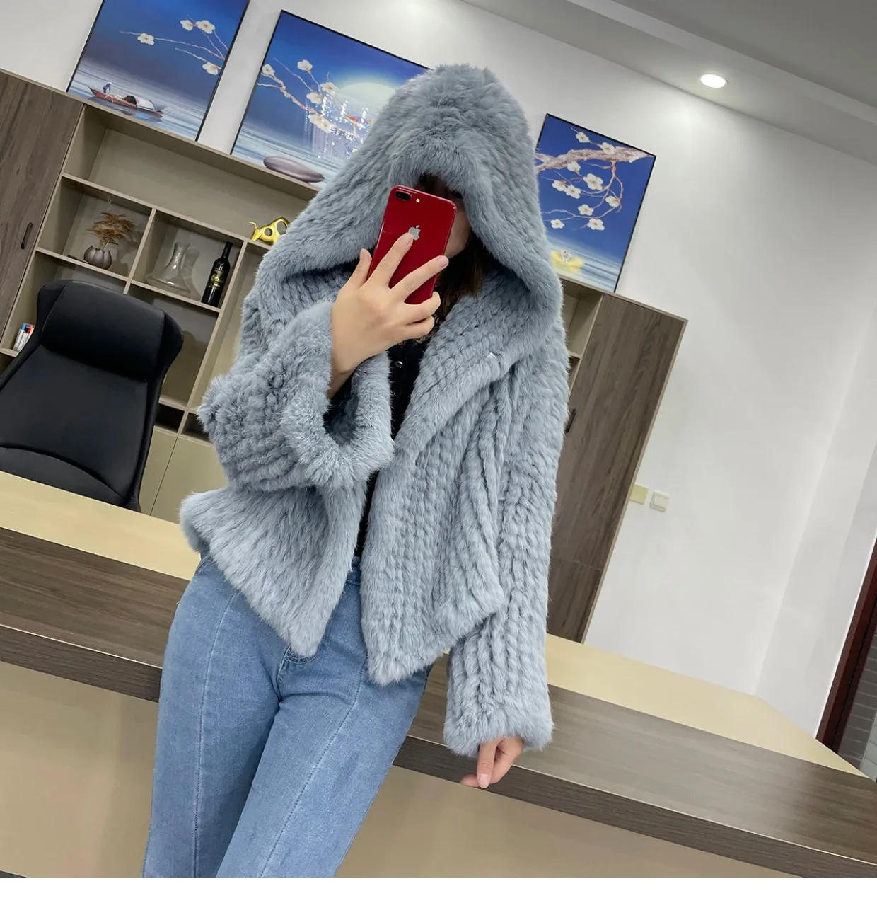MPPM Natural Rabbit Fur Coat Women Real Rabbit Fur Hooded Coat Long Sleeve Women's Jacket Casual Loose Knitted Fur Jacket