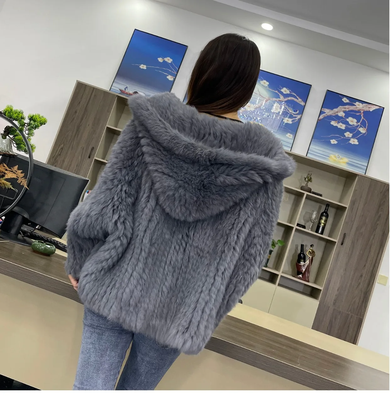 MPPM Natural Rabbit Fur Coat Women Real Rabbit Fur Hooded Coat Long Sleeve Women's Jacket Casual Loose Knitted Fur Jacket