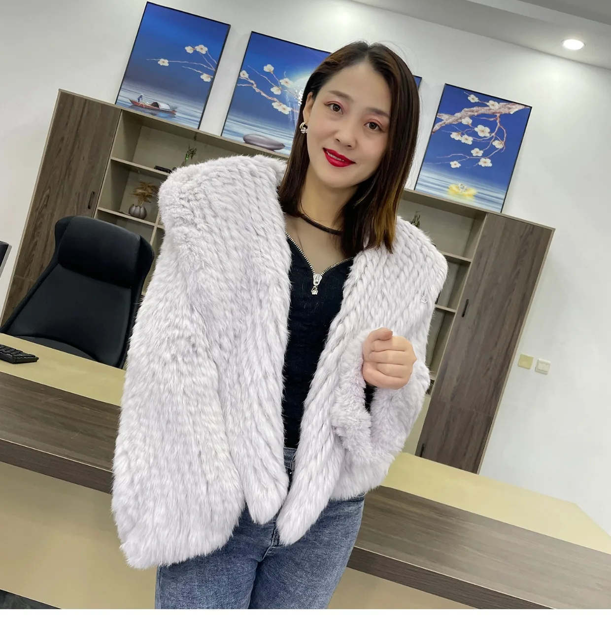 MPPM Natural Rabbit Fur Coat Women Real Rabbit Fur Hooded Coat Long Sleeve Women's Jacket Casual Loose Knitted Fur Jacket