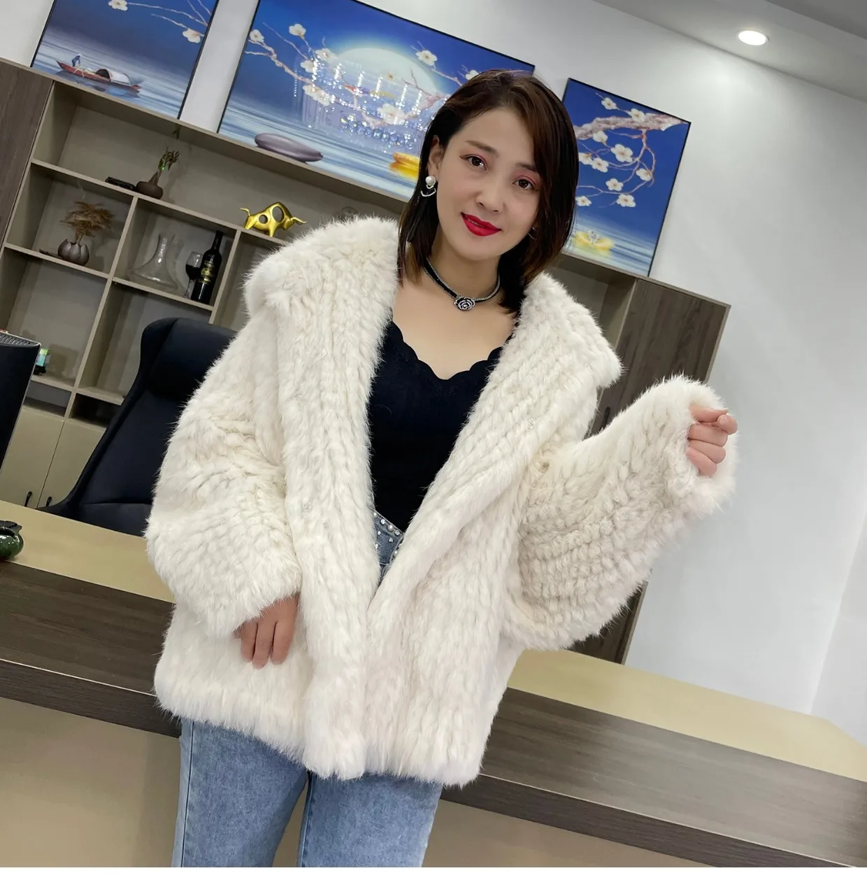 MPPM Natural Rabbit Fur Coat Women Real Rabbit Fur Hooded Coat Long Sleeve Women's Jacket Casual Loose Knitted Fur Jacket