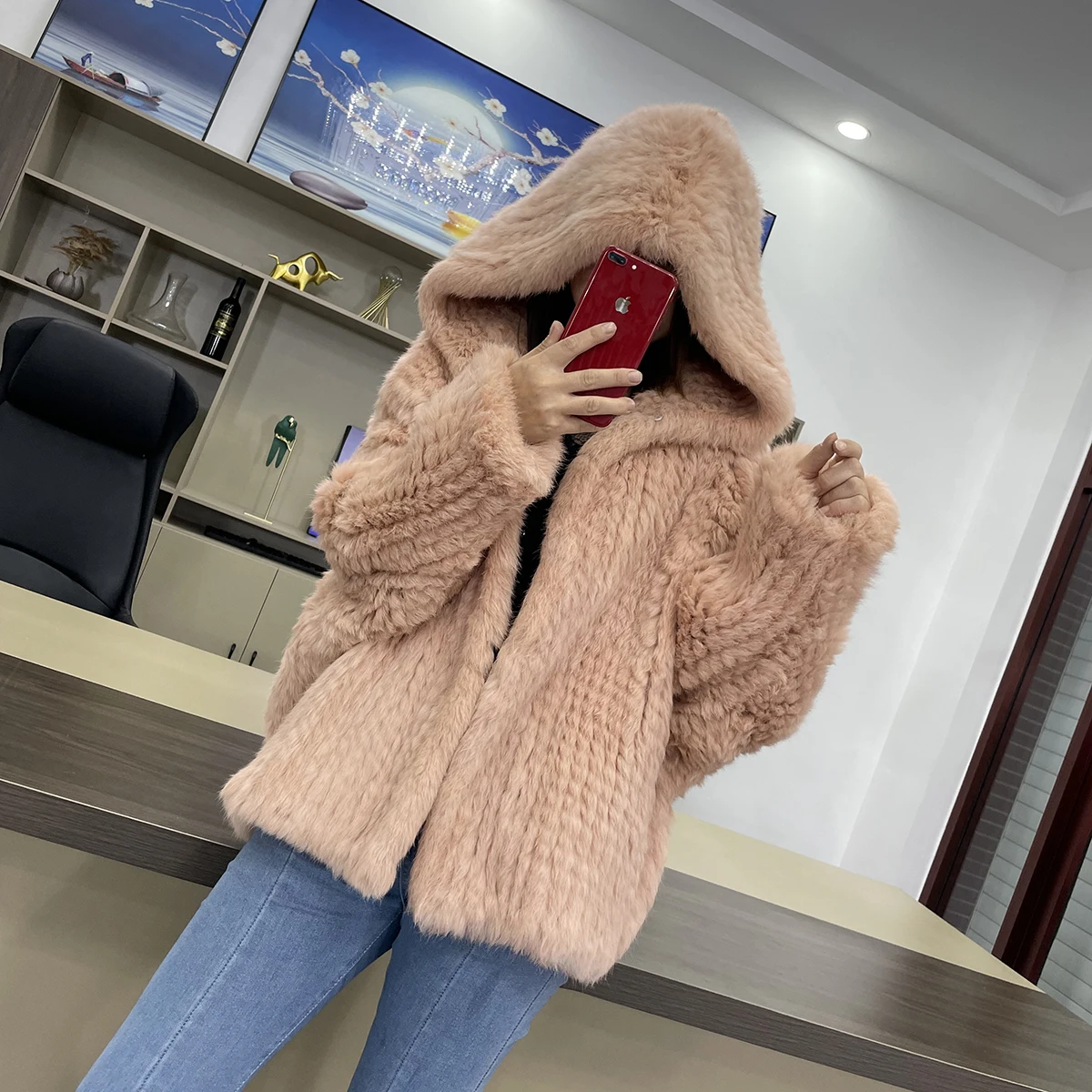 MPPM Natural Rabbit Fur Coat Women Real Rabbit Fur Hooded Coat Long Sleeve Women's Jacket Casual Loose Knitted Fur Jacket