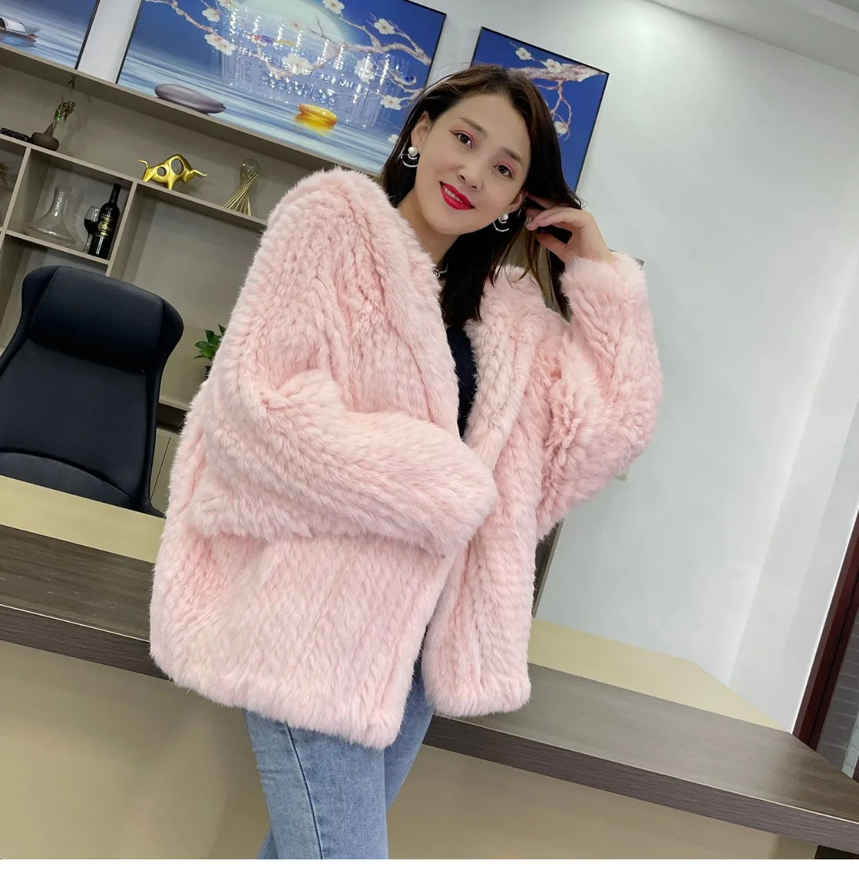 MPPM Natural Rabbit Fur Coat Women Real Rabbit Fur Hooded Coat Long Sleeve Women's Jacket Casual Loose Knitted Fur Jacket