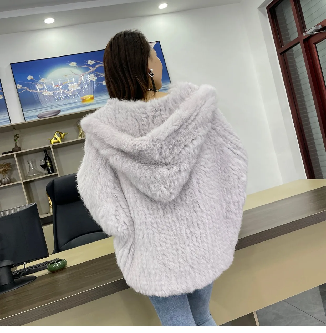 MPPM Natural Rabbit Fur Coat Women Real Rabbit Fur Hooded Coat Long Sleeve Women's Jacket Casual Loose Knitted Fur Jacket