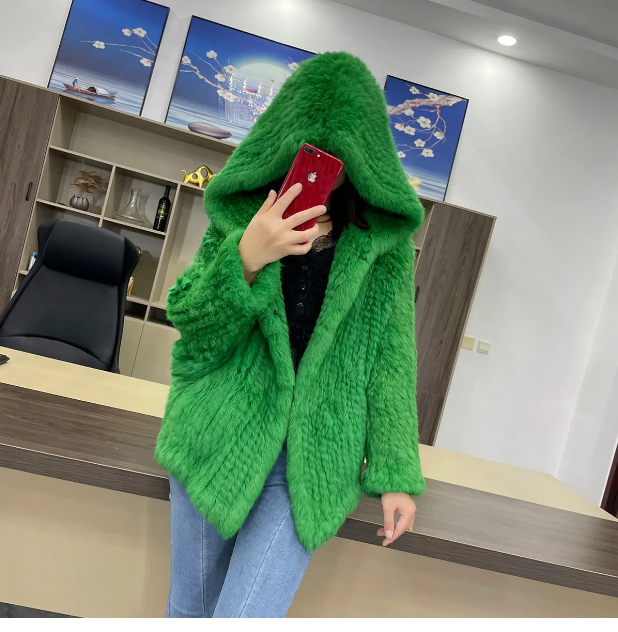 MPPM Natural Rabbit Fur Coat Women Real Rabbit Fur Hooded Coat Long Sleeve Women's Jacket Casual Loose Knitted Fur Jacket