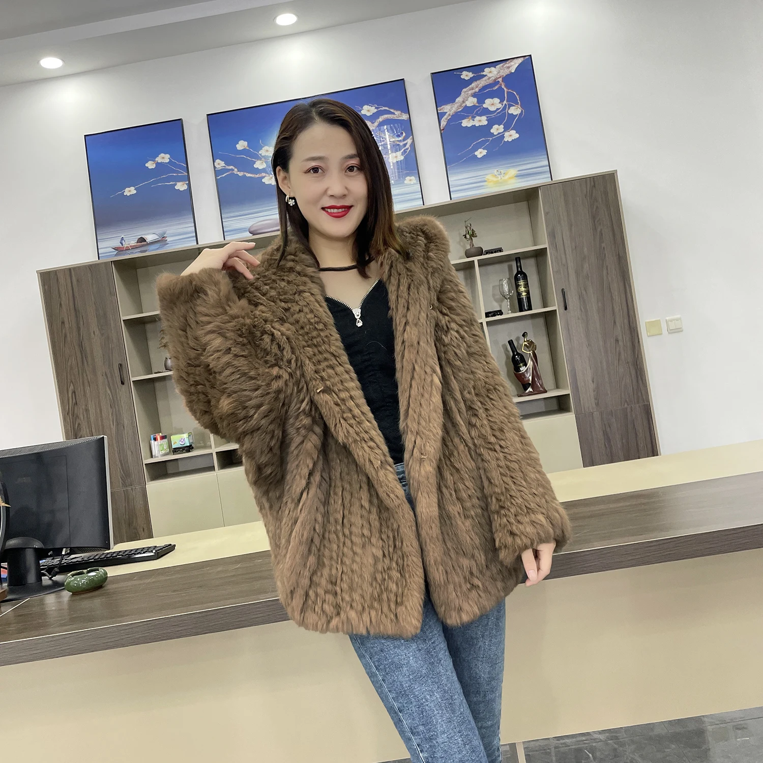 MPPM Natural Rabbit Fur Coat Women Real Rabbit Fur Hooded Coat Long Sleeve Women's Jacket Casual Loose Knitted Fur Jacket