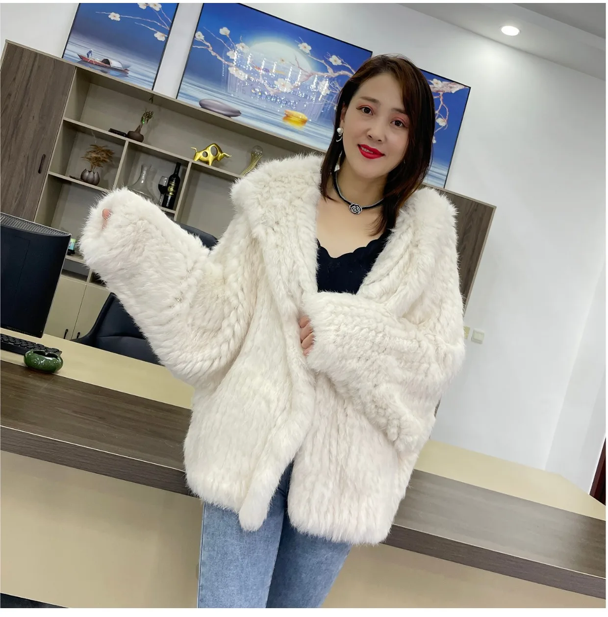 MPPM Natural Rabbit Fur Coat Women Real Rabbit Fur Hooded Coat Long Sleeve Women's Jacket Casual Loose Knitted Fur Jacket