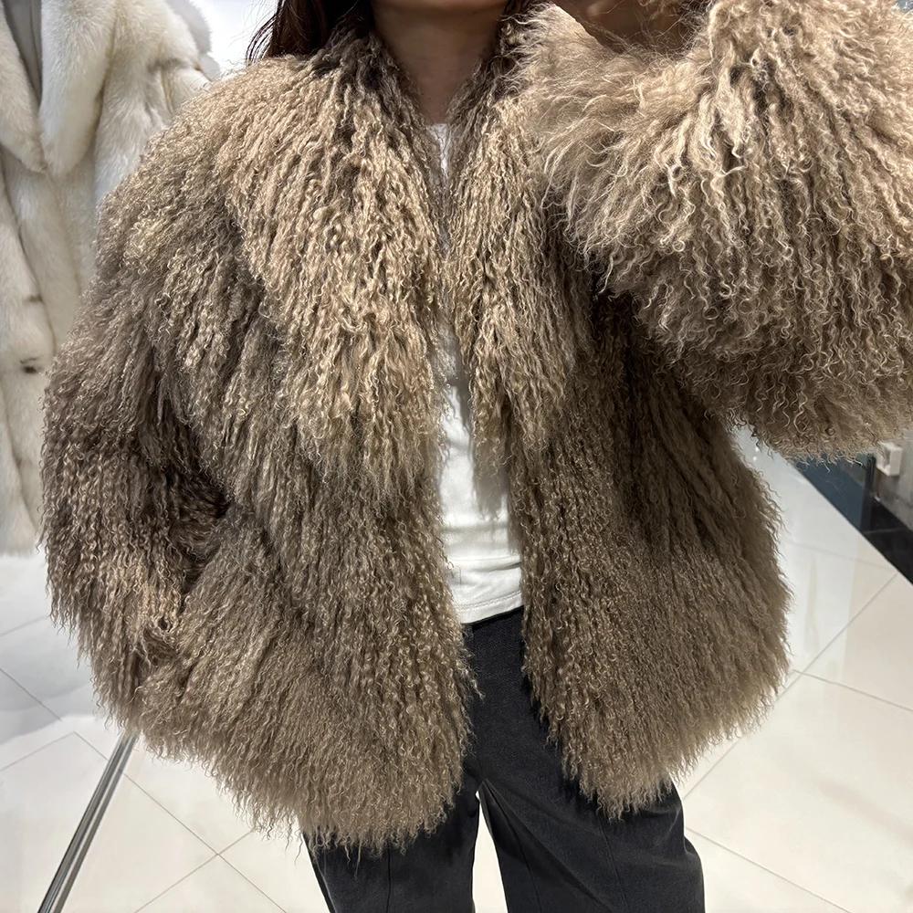 YOLOAgain Women's Real Mongolia Sheep Fur Jacket Dark Brown Sheep Fur Jacket