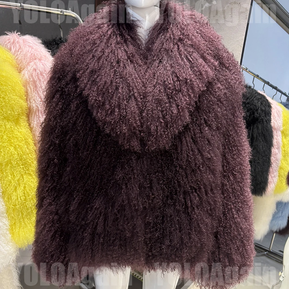 YOLOAgain Women's Real Mongolia Sheep Fur Jacket Dark Brown Sheep Fur Jacket