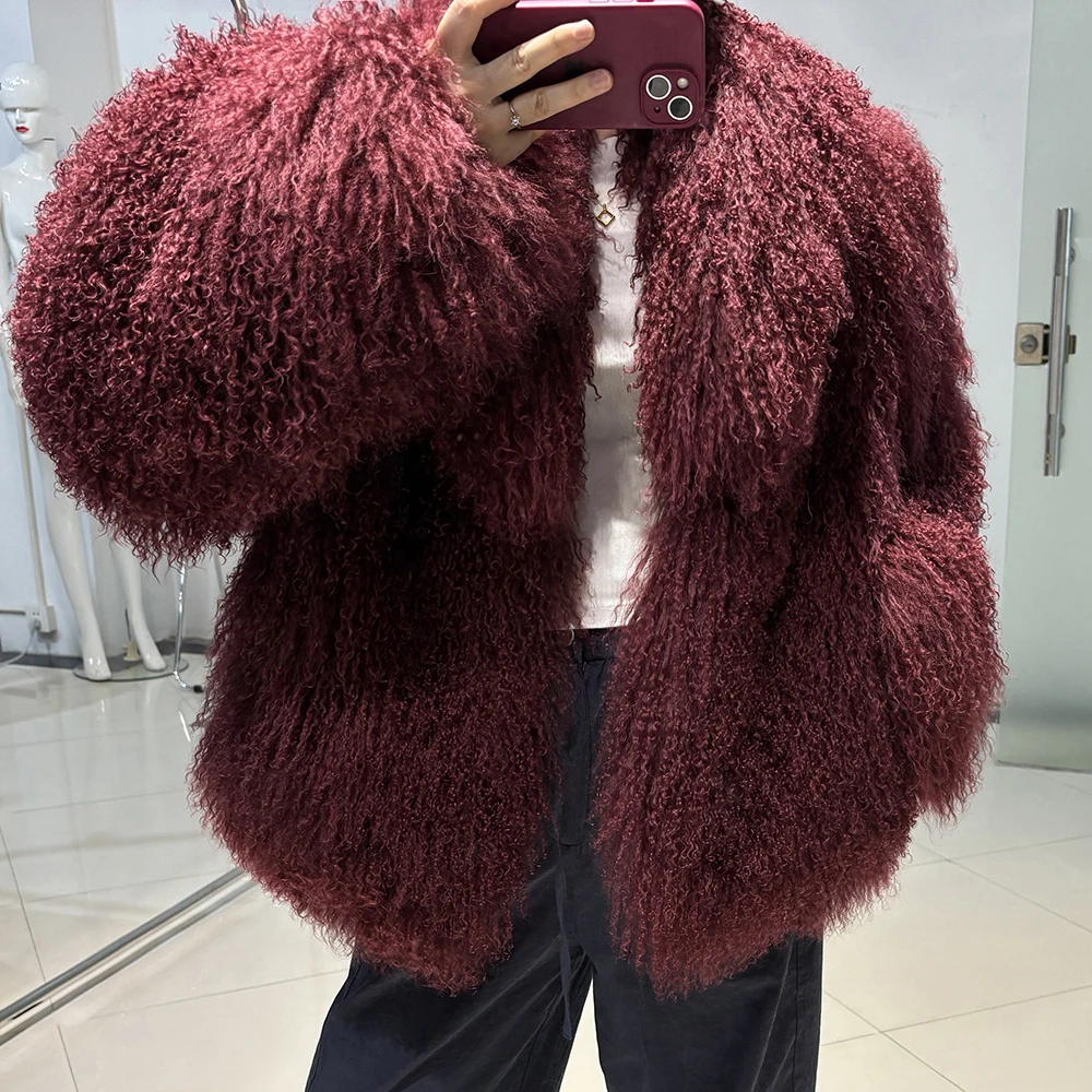 YOLOAgain Women's Real Mongolia Sheep Fur Jacket Dark Brown Sheep Fur Jacket