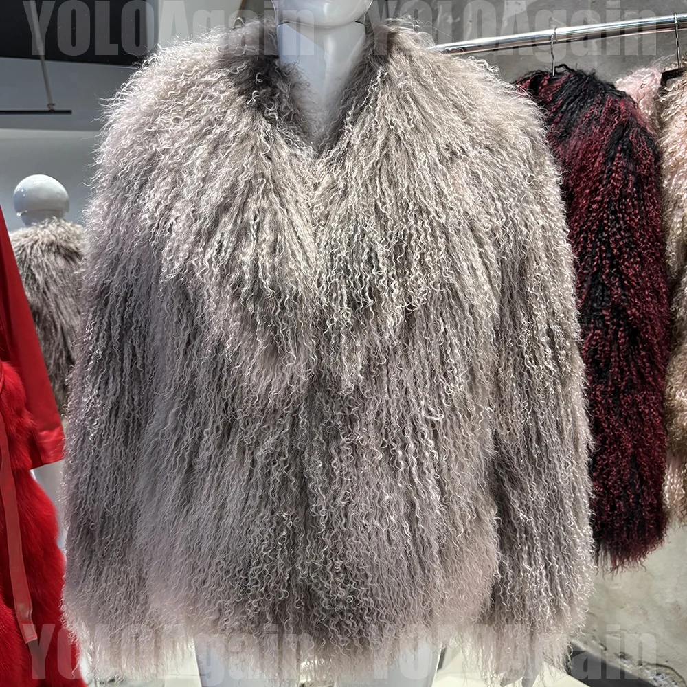 YOLOAgain Women's Real Mongolia Sheep Fur Jacket Dark Brown Sheep Fur Jacket