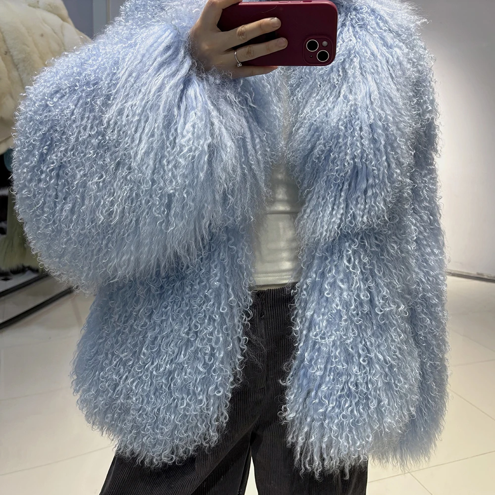 YOLOAgain Women's Real Mongolia Sheep Fur Jacket Dark Brown Sheep Fur Jacket