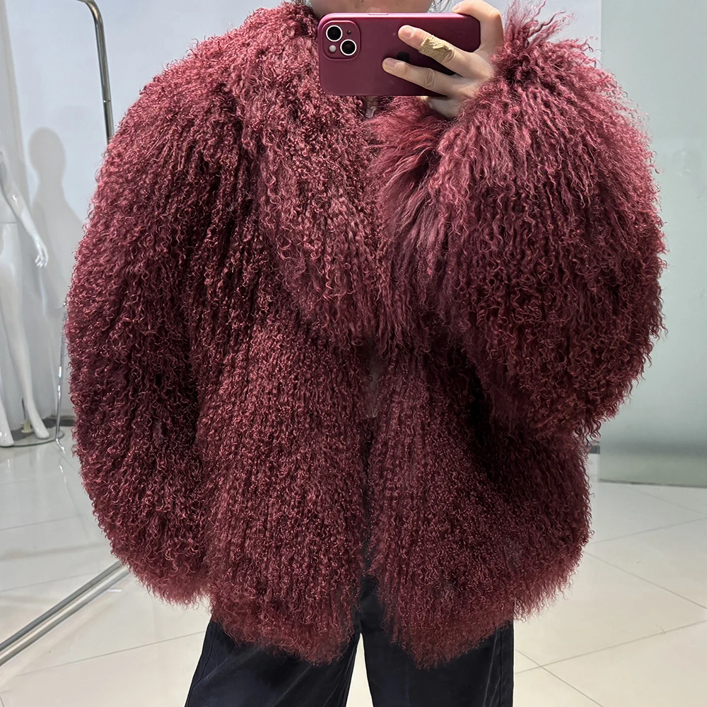 YOLOAgain Women's Real Mongolia Sheep Fur Jacket Dark Brown Sheep Fur Jacket