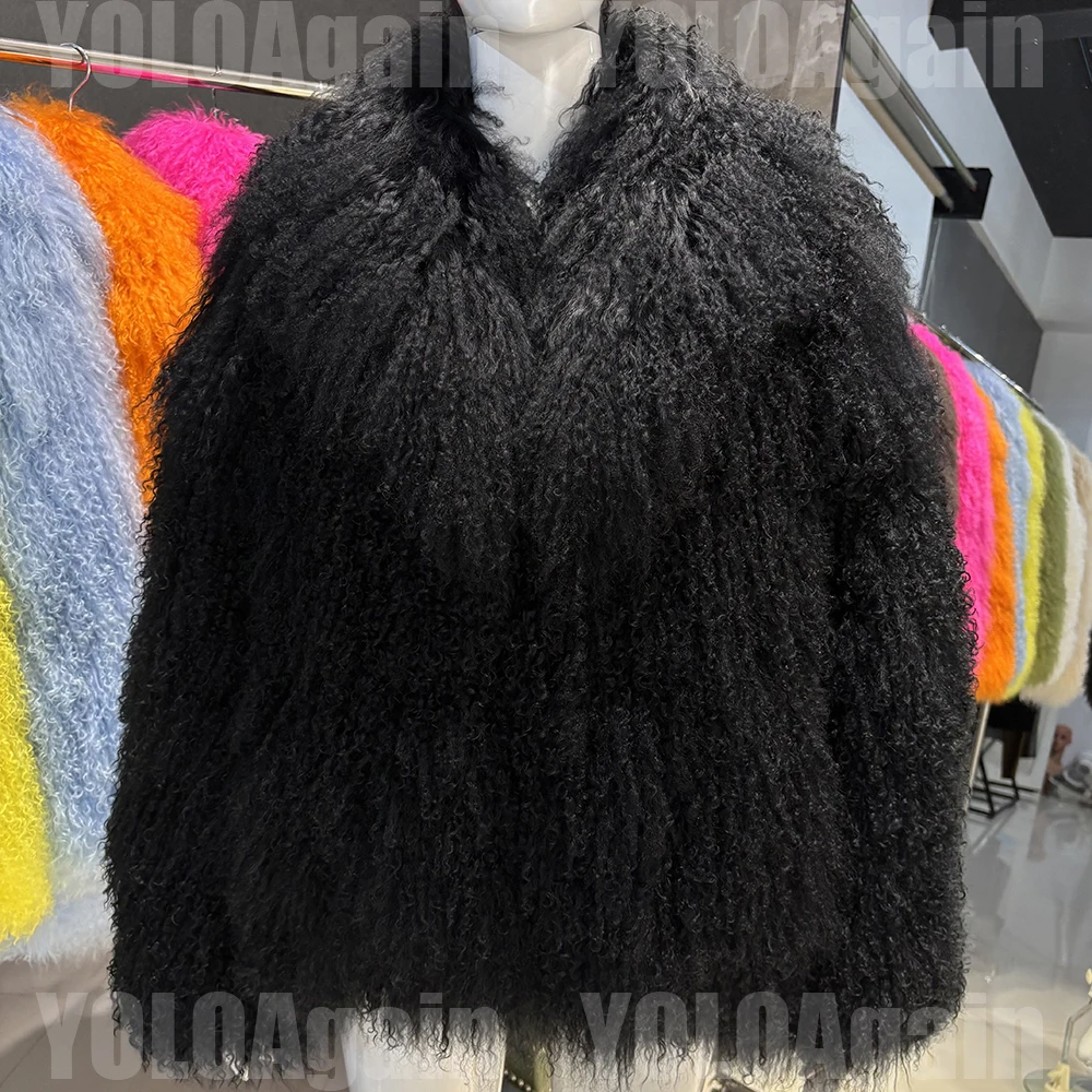 YOLOAgain Women's Real Mongolia Sheep Fur Jacket Dark Brown Sheep Fur Jacket