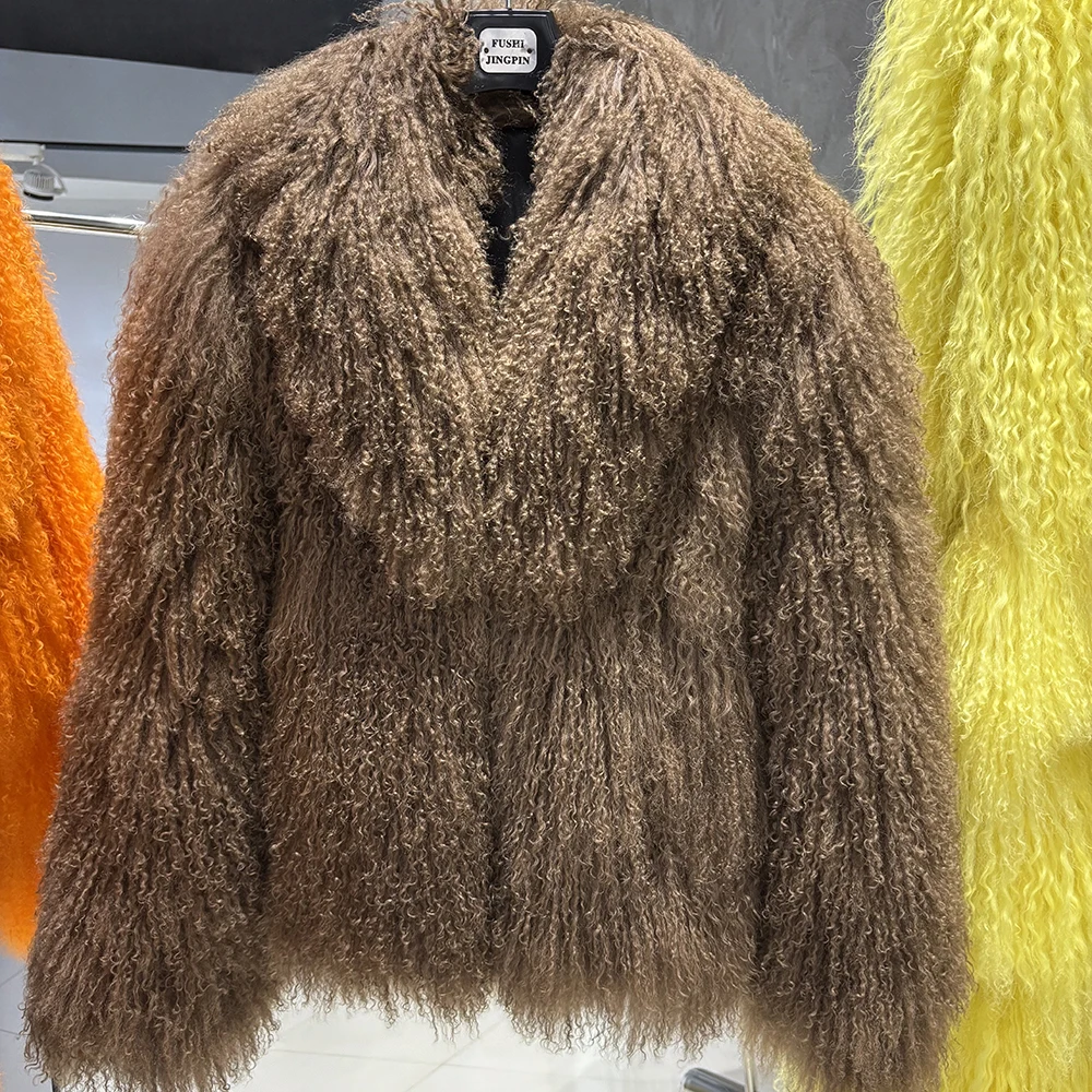 YOLOAgain Women's Real Mongolia Sheep Fur Jacket Dark Brown Sheep Fur Jacket