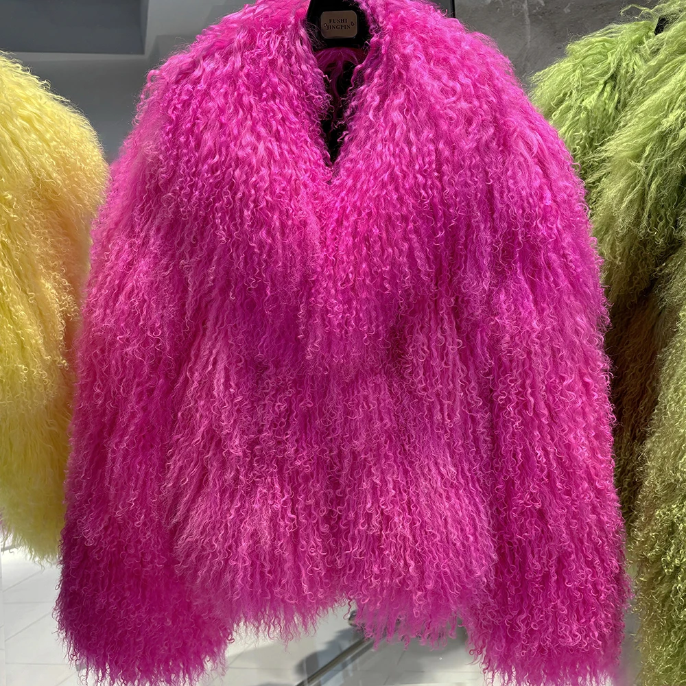 YOLOAgain Women's Real Mongolia Sheep Fur Jacket Dark Brown Sheep Fur Jacket