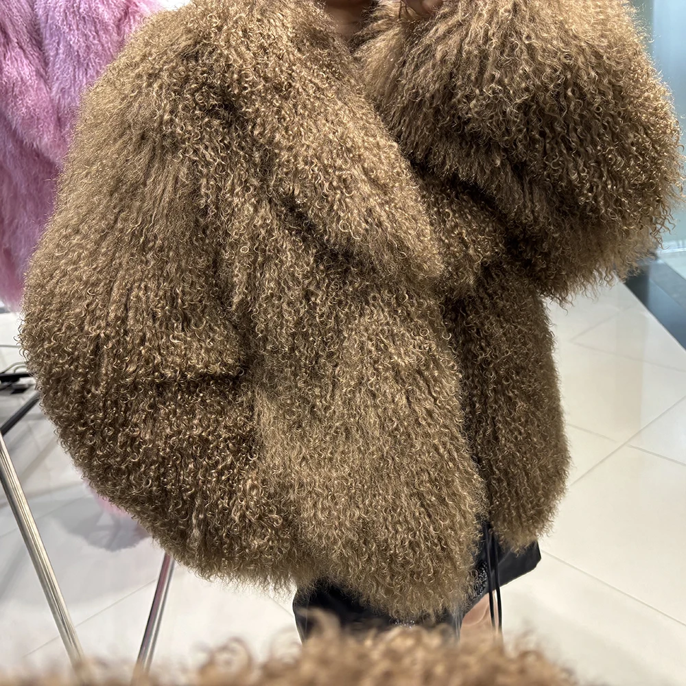 YOLOAgain Women's Real Mongolia Sheep Fur Jacket Dark Brown Sheep Fur Jacket