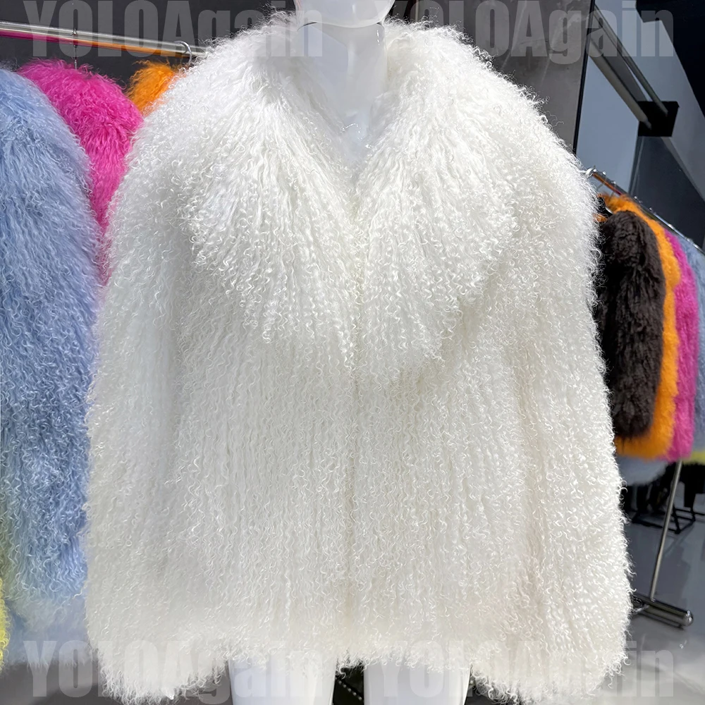 YOLOAgain Women's Real Mongolia Sheep Fur Jacket Dark Brown Sheep Fur Jacket