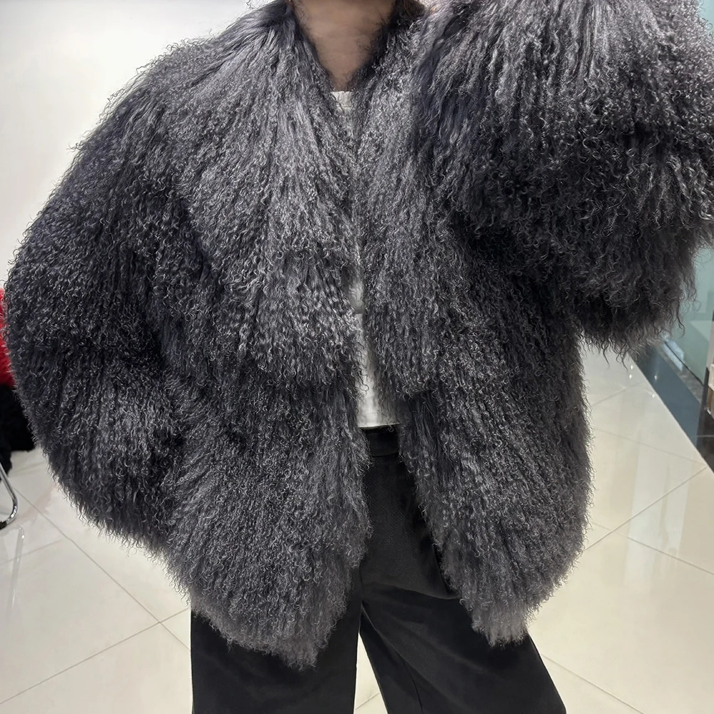 YOLOAgain Women's Real Mongolia Sheep Fur Jacket Dark Brown Sheep Fur Jacket