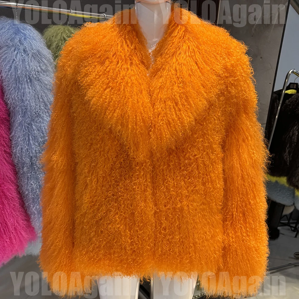 YOLOAgain Women's Real Mongolia Sheep Fur Jacket Dark Brown Sheep Fur Jacket