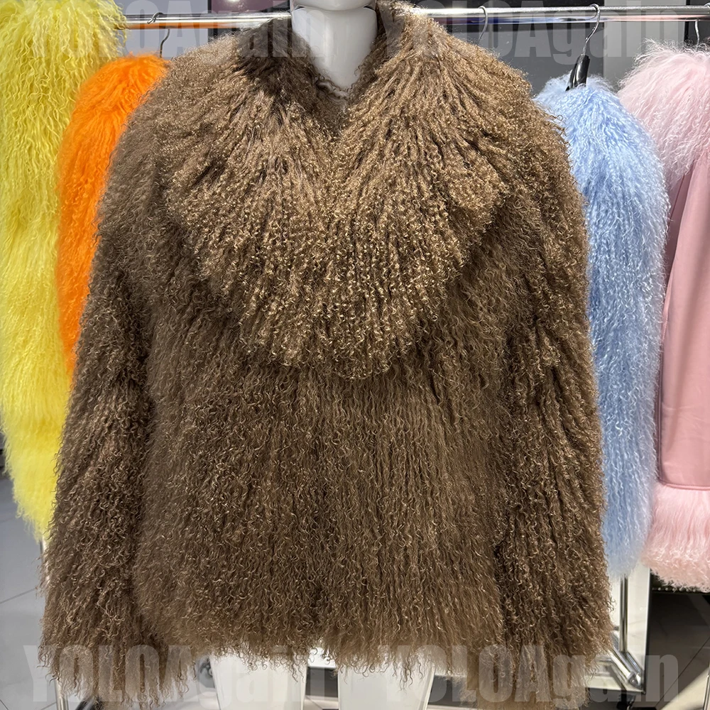 YOLOAgain Women's Real Mongolia Sheep Fur Jacket Dark Brown Sheep Fur Jacket