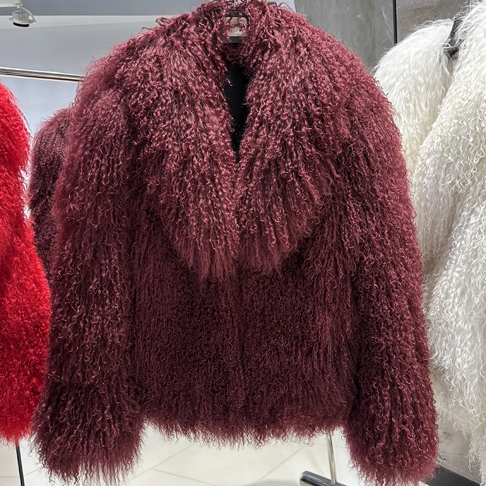 YOLOAgain Women's Real Mongolia Sheep Fur Jacket Dark Brown Sheep Fur Jacket