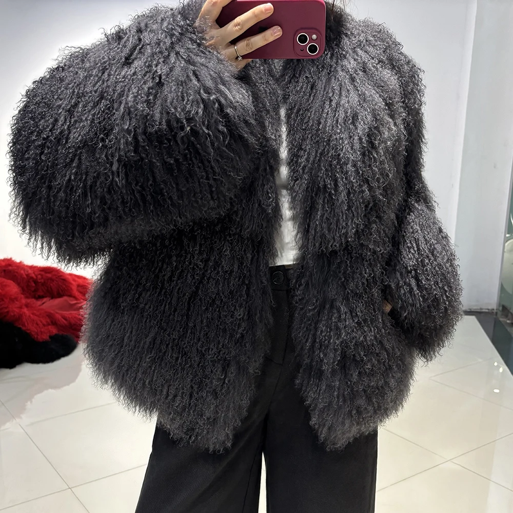 YOLOAgain Women's Real Mongolia Sheep Fur Jacket Dark Brown Sheep Fur Jacket