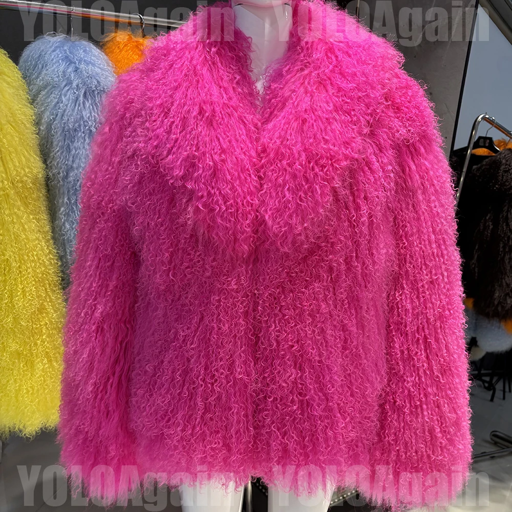 YOLOAgain Women's Real Mongolia Sheep Fur Jacket Dark Brown Sheep Fur Jacket