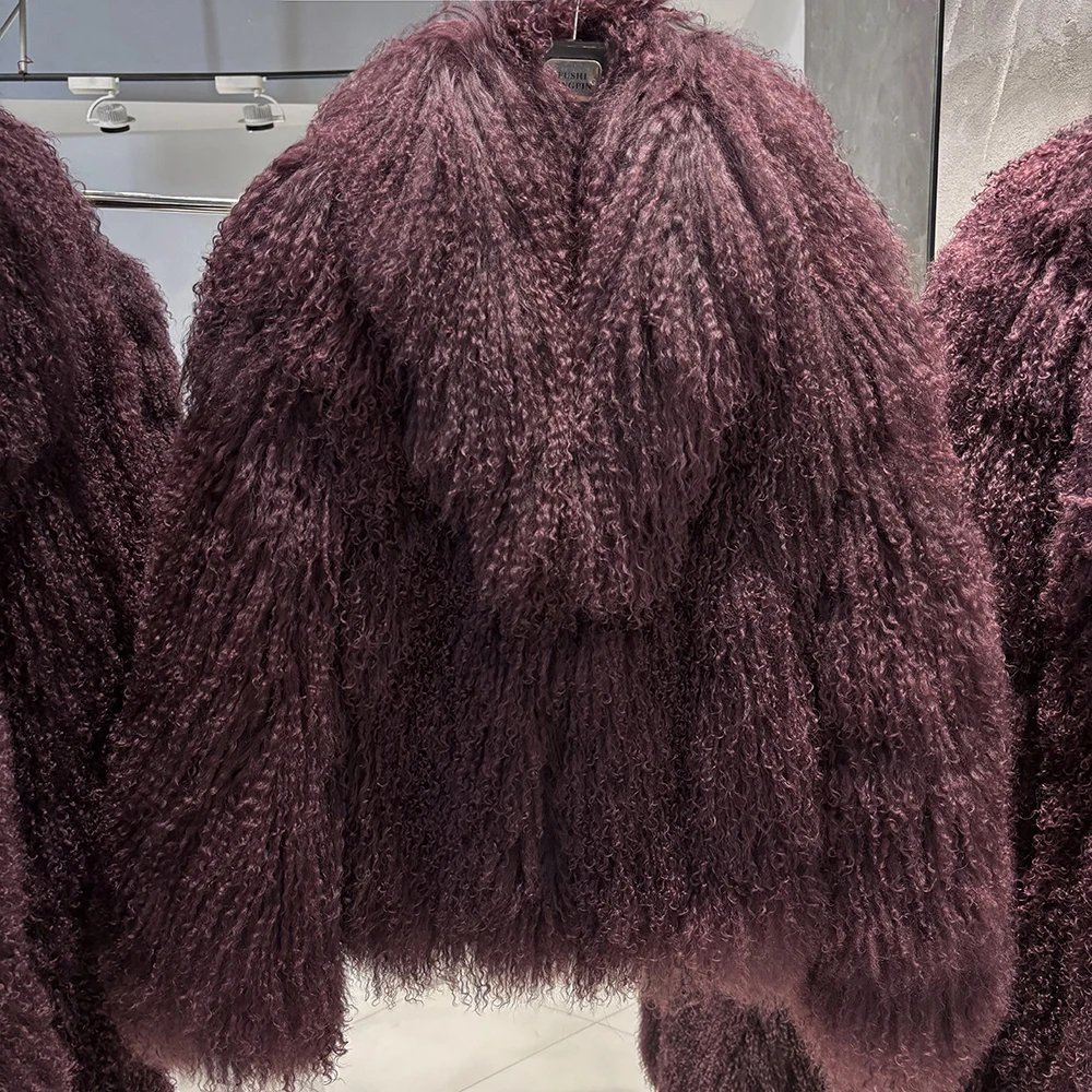 YOLOAgain Women's Real Mongolia Sheep Fur Jacket Dark Brown Sheep Fur Jacket