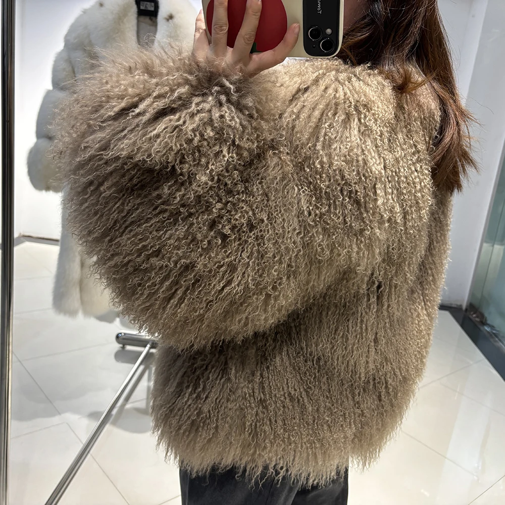 YOLOAgain Women's Real Mongolia Sheep Fur Jacket Dark Brown Sheep Fur Jacket