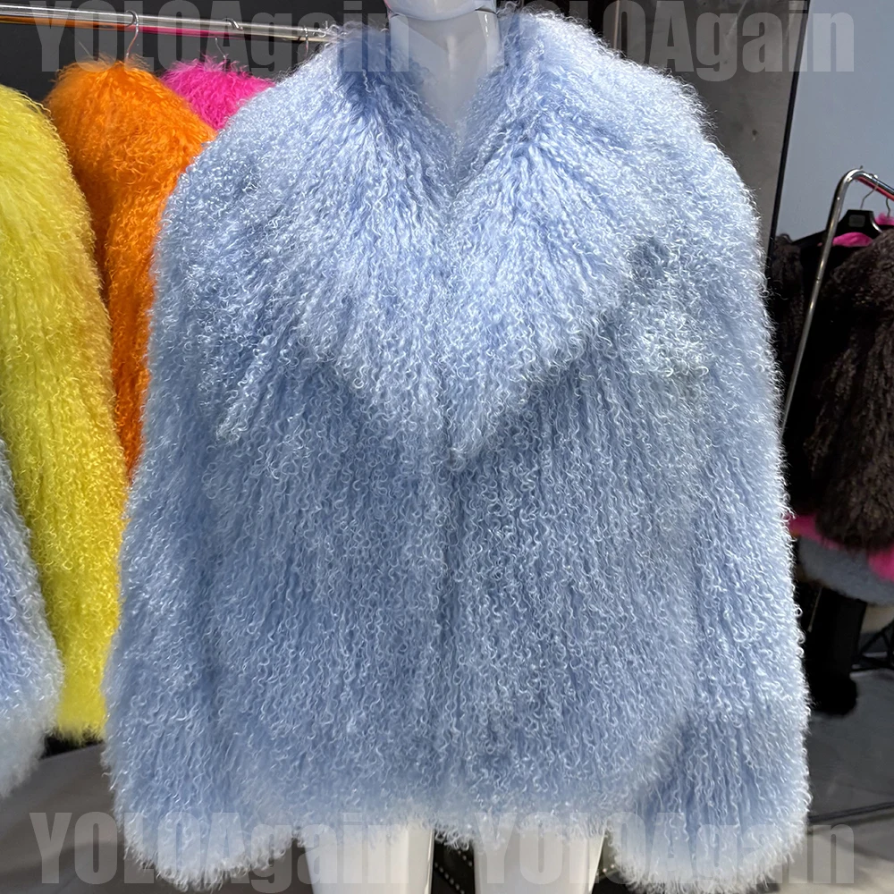 YOLOAgain Women's Real Mongolia Sheep Fur Jacket Dark Brown Sheep Fur Jacket