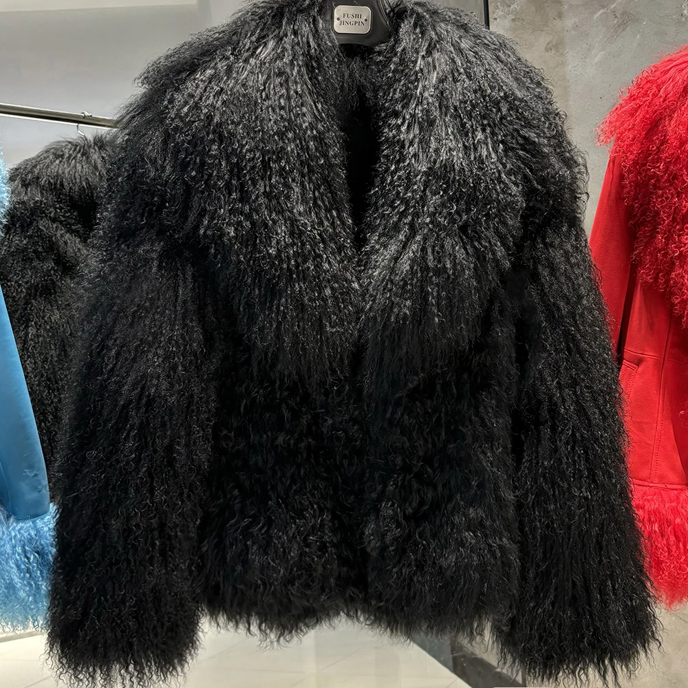 YOLOAgain Women's Real Mongolia Sheep Fur Jacket Dark Brown Sheep Fur Jacket