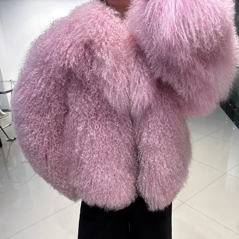 YOLOAgain Women's Real Mongolia Sheep Fur Jacket Dark Brown Sheep Fur Jacket