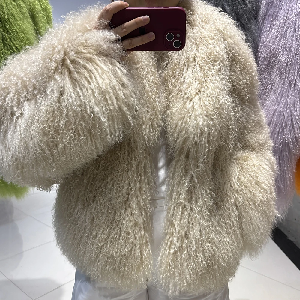 YOLOAgain Women's Real Mongolia Sheep Fur Jacket Dark Brown Sheep Fur Jacket
