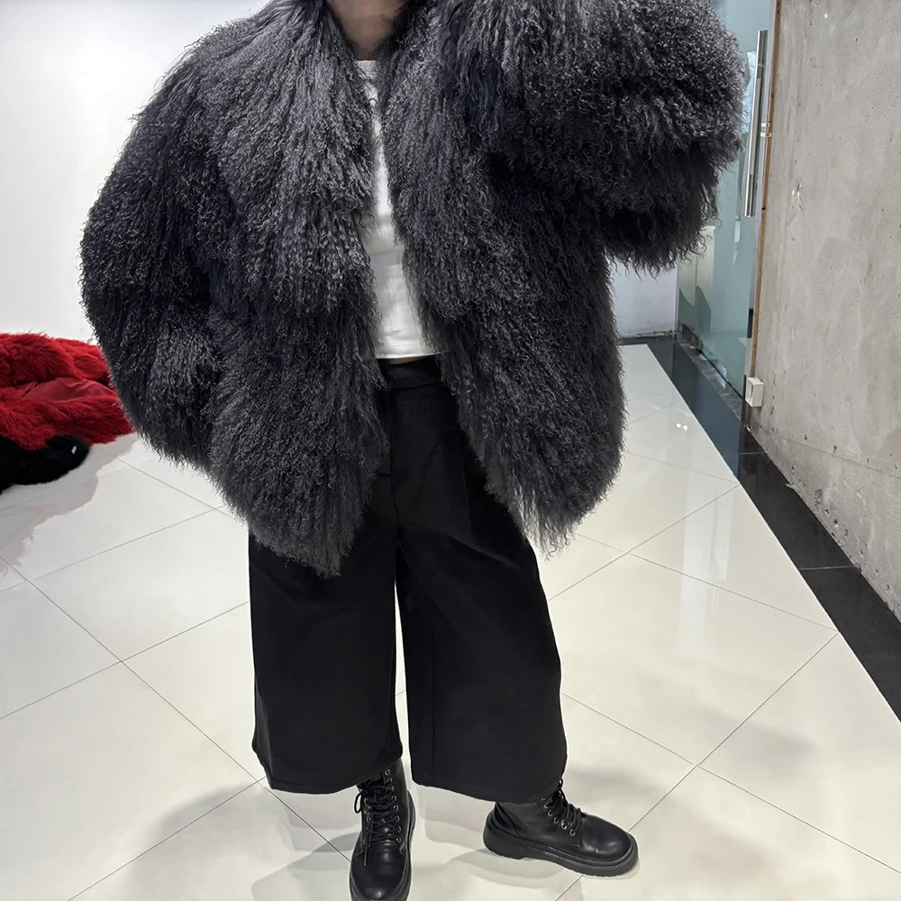YOLOAgain Women's Real Mongolia Sheep Fur Jacket Dark Brown Sheep Fur Jacket
