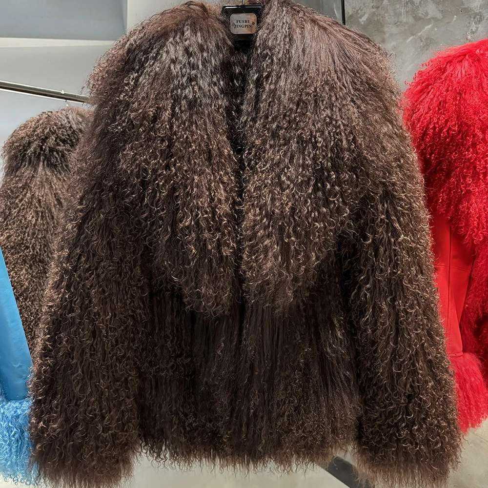 YOLOAgain Women's Real Mongolia Sheep Fur Jacket Dark Brown Sheep Fur Jacket