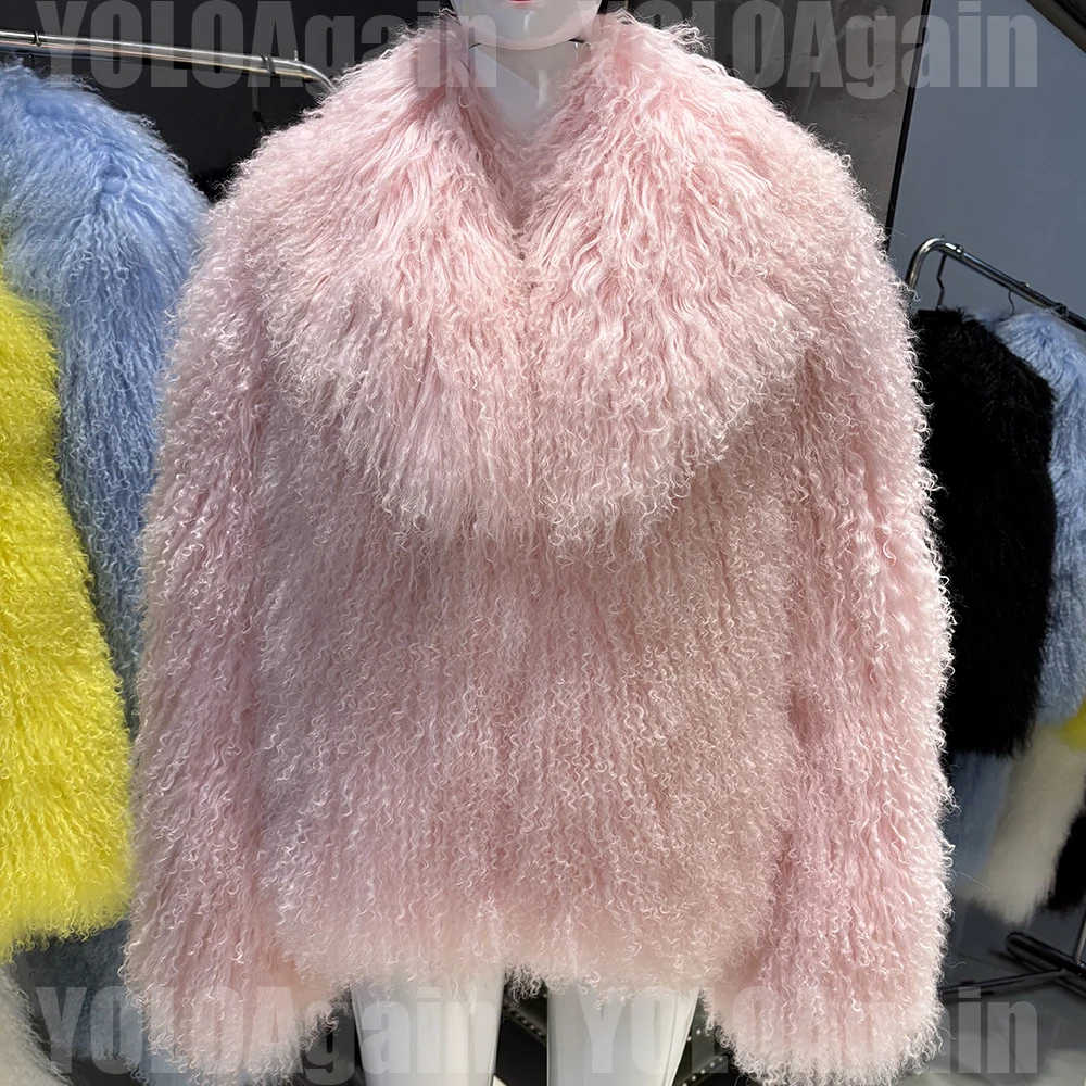 YOLOAgain Women's Real Mongolia Sheep Fur Jacket Dark Brown Sheep Fur Jacket