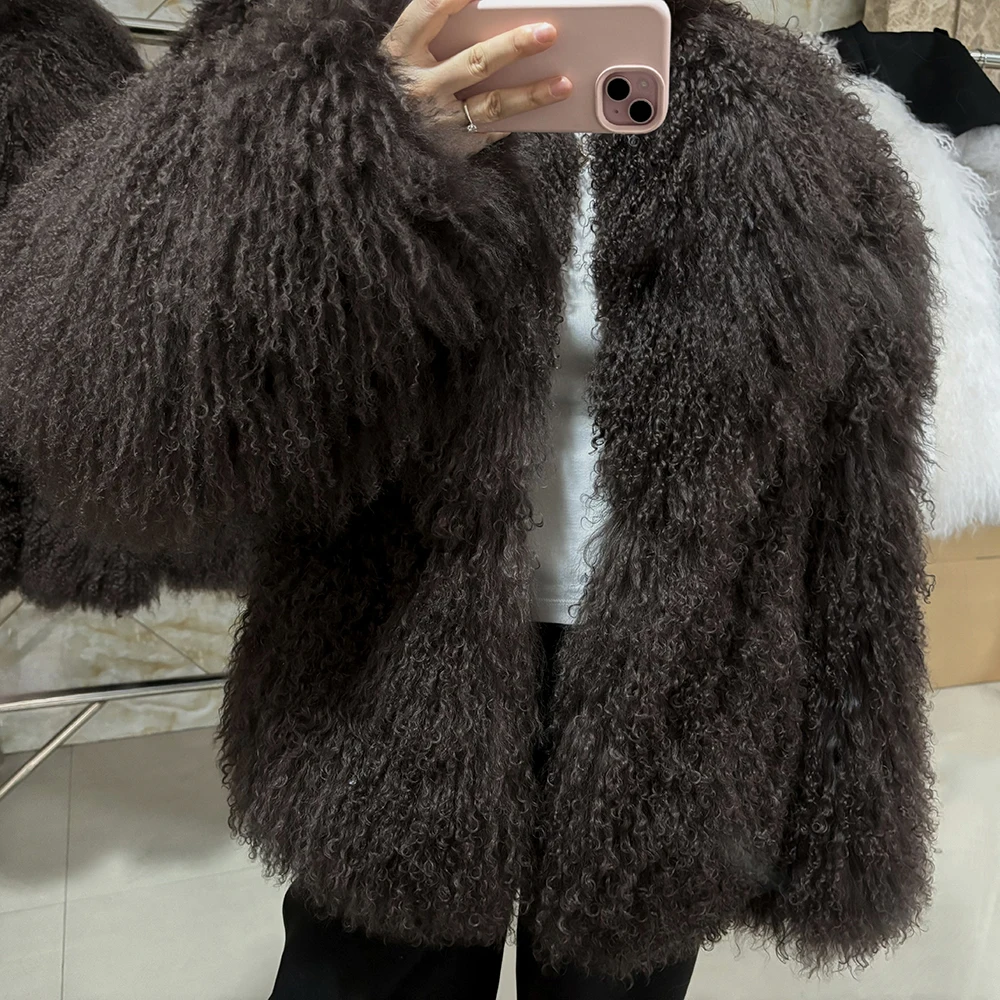 YOLOAgain Women's Real Mongolia Sheep Fur Jacket Dark Brown Sheep Fur Jacket