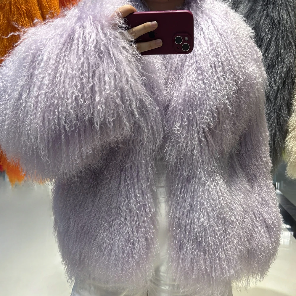 YOLOAgain Women's Real Mongolia Sheep Fur Jacket Dark Brown Sheep Fur Jacket