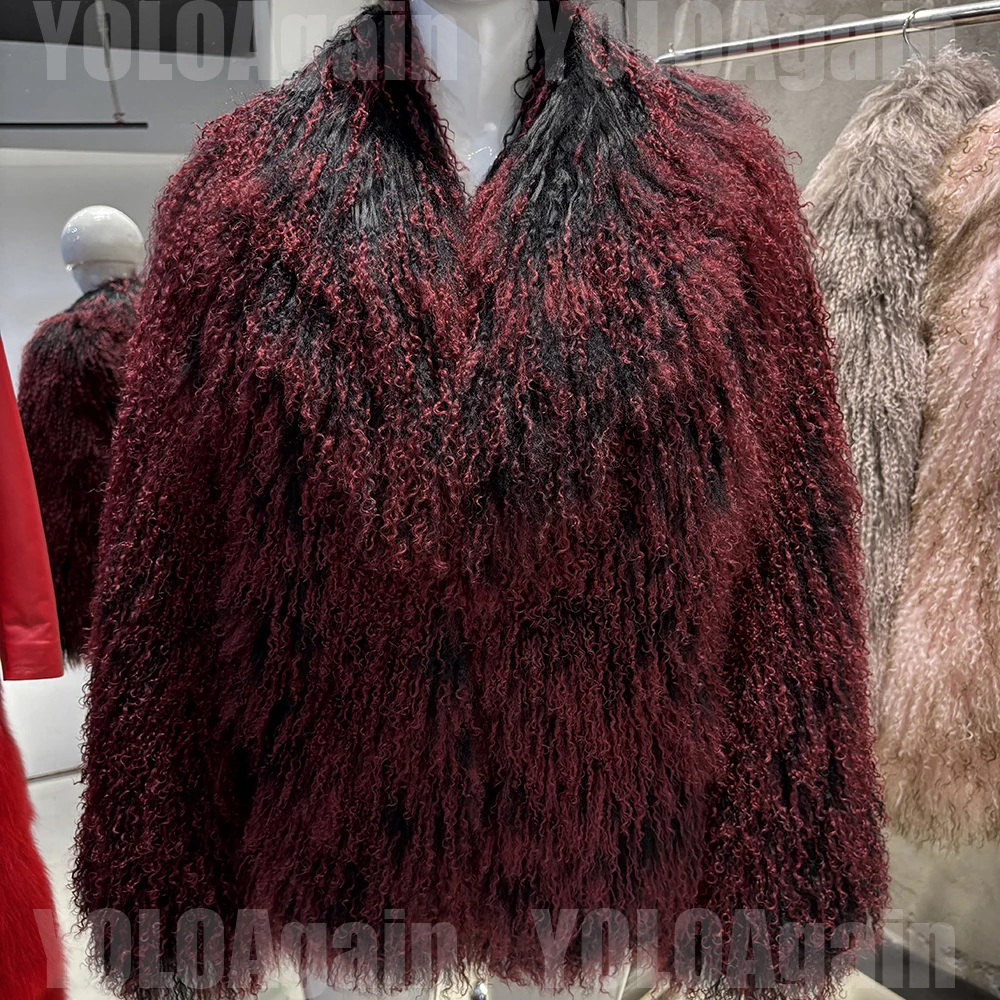 YOLOAgain Women's Real Mongolia Sheep Fur Jacket Dark Brown Sheep Fur Jacket