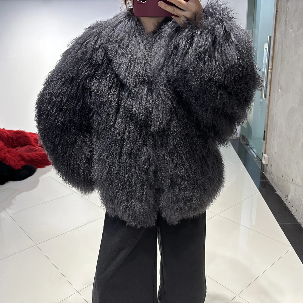 YOLOAgain Women's Real Mongolia Sheep Fur Jacket Dark Brown Sheep Fur Jacket