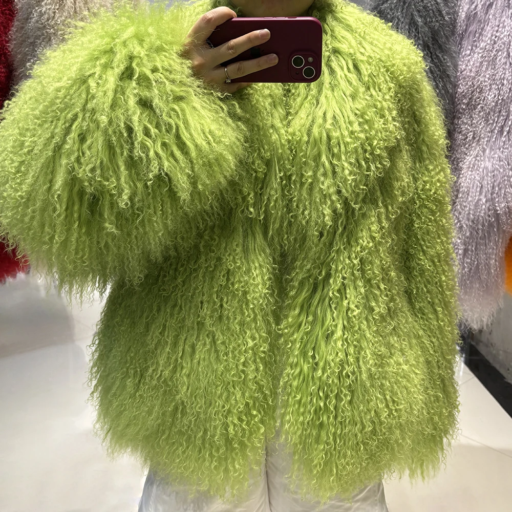 YOLOAgain Women's Real Mongolia Sheep Fur Jacket Dark Brown Sheep Fur Jacket