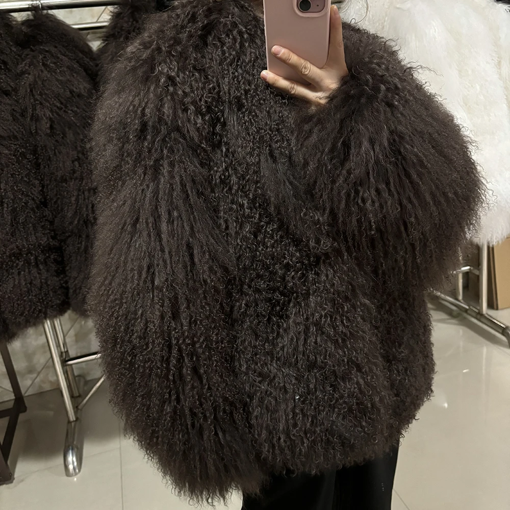 YOLOAgain Women's Real Mongolia Sheep Fur Jacket Dark Brown Sheep Fur Jacket